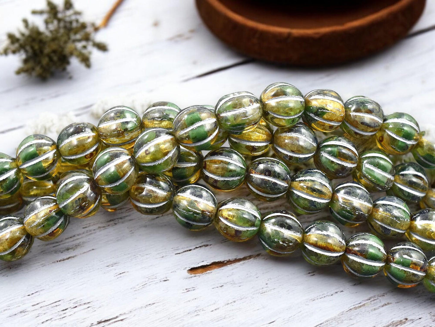 *16* 8mm Silver Washed Olive Amber Picasso Round Melon Beads