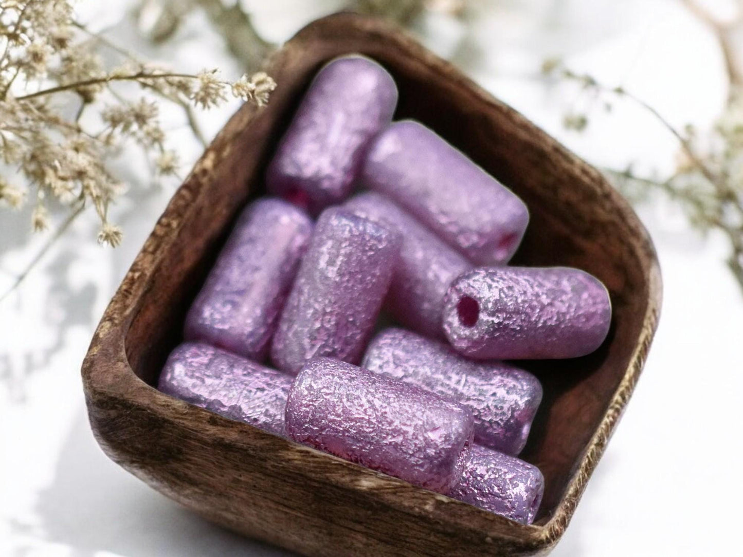 *10* 14x7mm Metallic Pink Washed Etched Crystal Large Hole Tube Beads