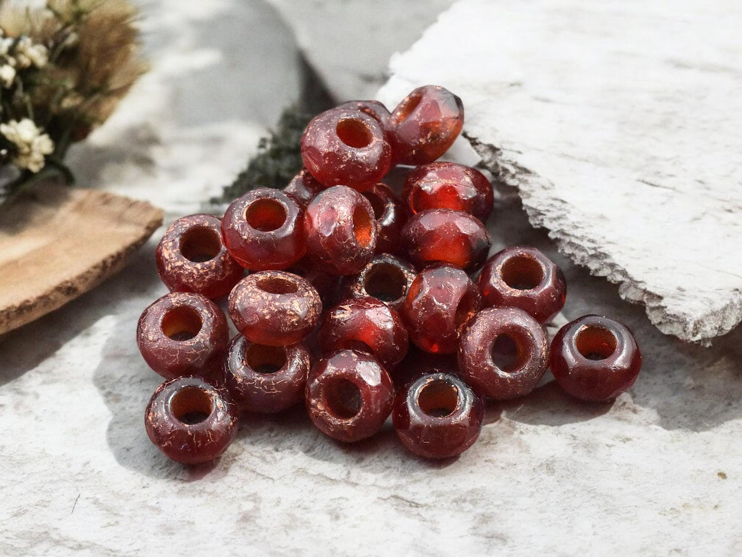 *25* 6x9mm Copper Washed Etched Ruby Red Faceted Large Hole Rondelle Roller Beads