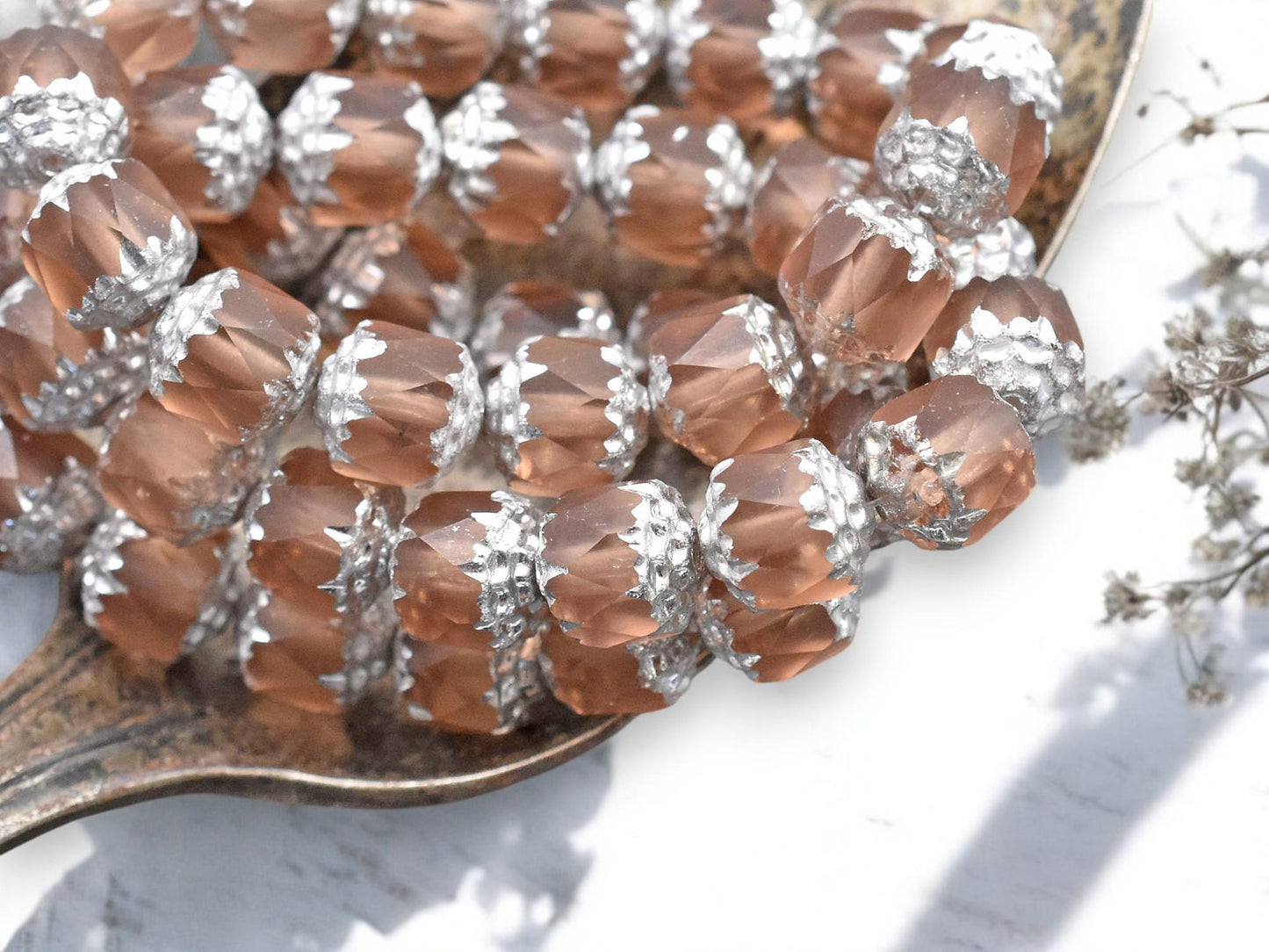 *15* 8mm Silver Washed Matte Peach Fire Polished Cathedral Beads