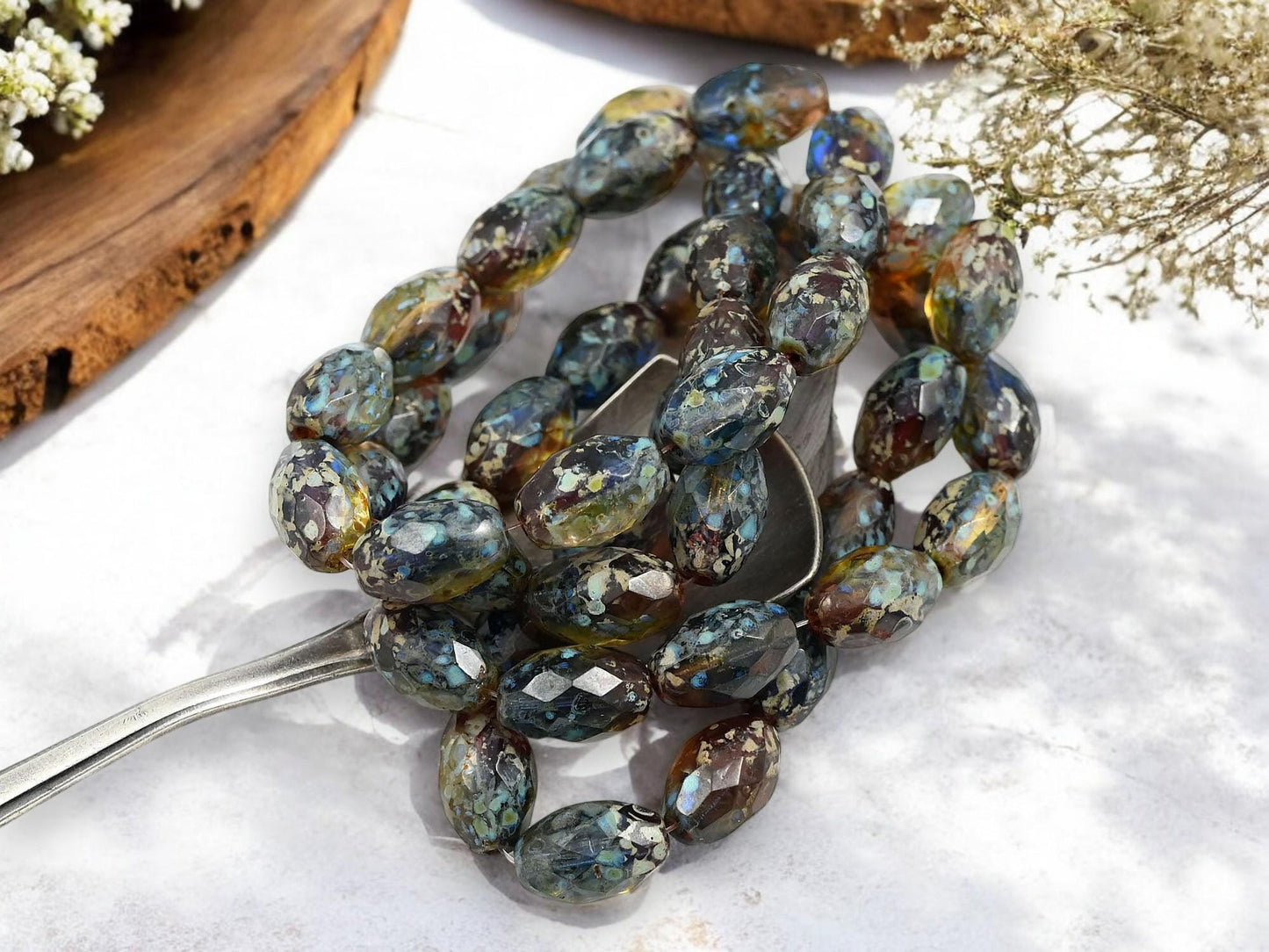 *12* 12x8mm Moss Amber Picasso Fire Polished Faceted Oval Beads