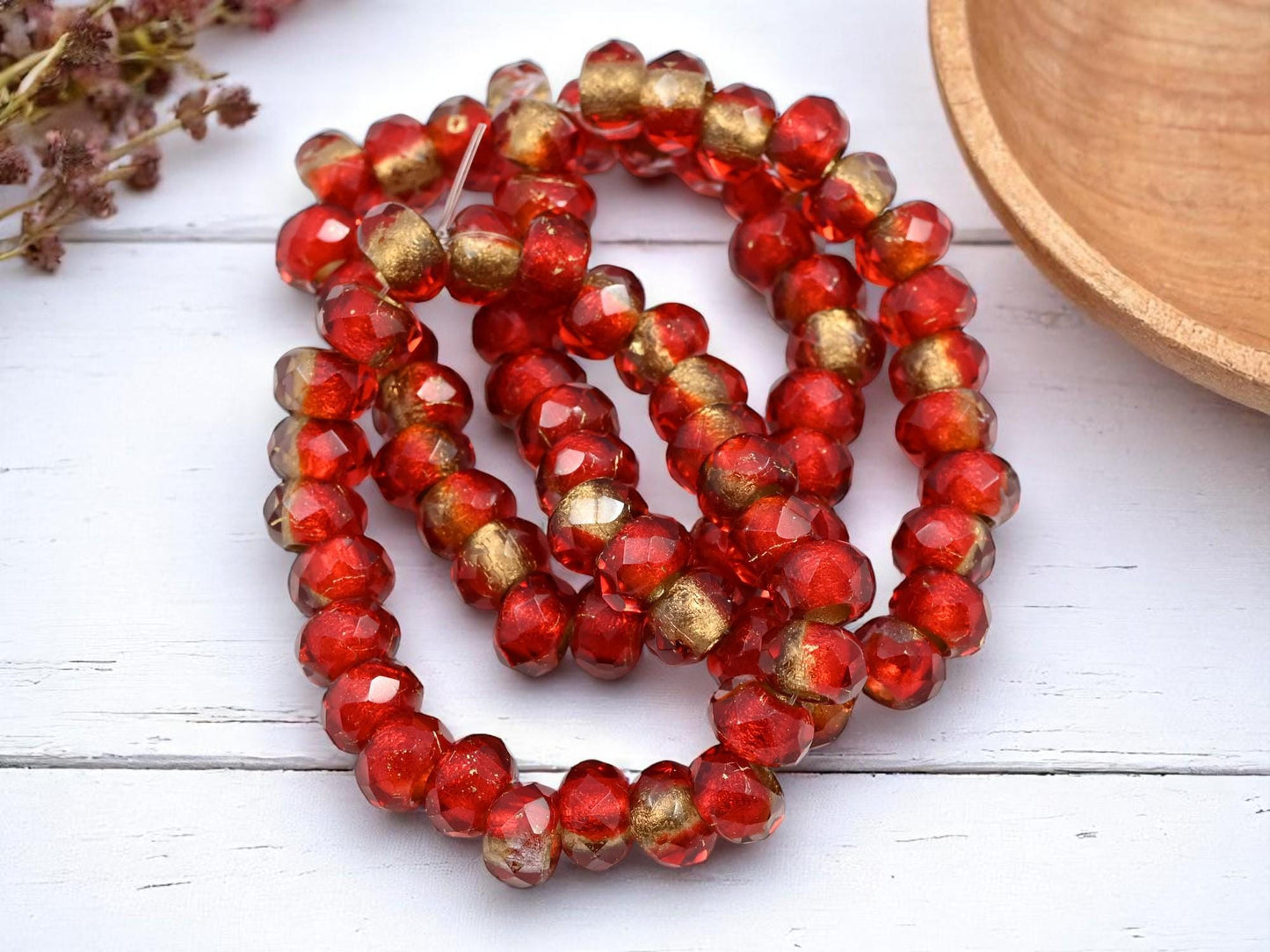 *25* 5x8mm Gold Lined Ruby Red Faceted Large Hole Rondelle Roller Beads