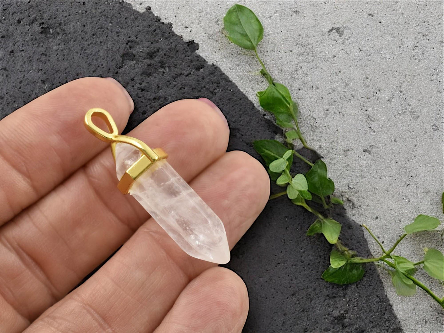 40mm Gold Tone Natural Crystal Quartz Double Terminated Bullet Pendant