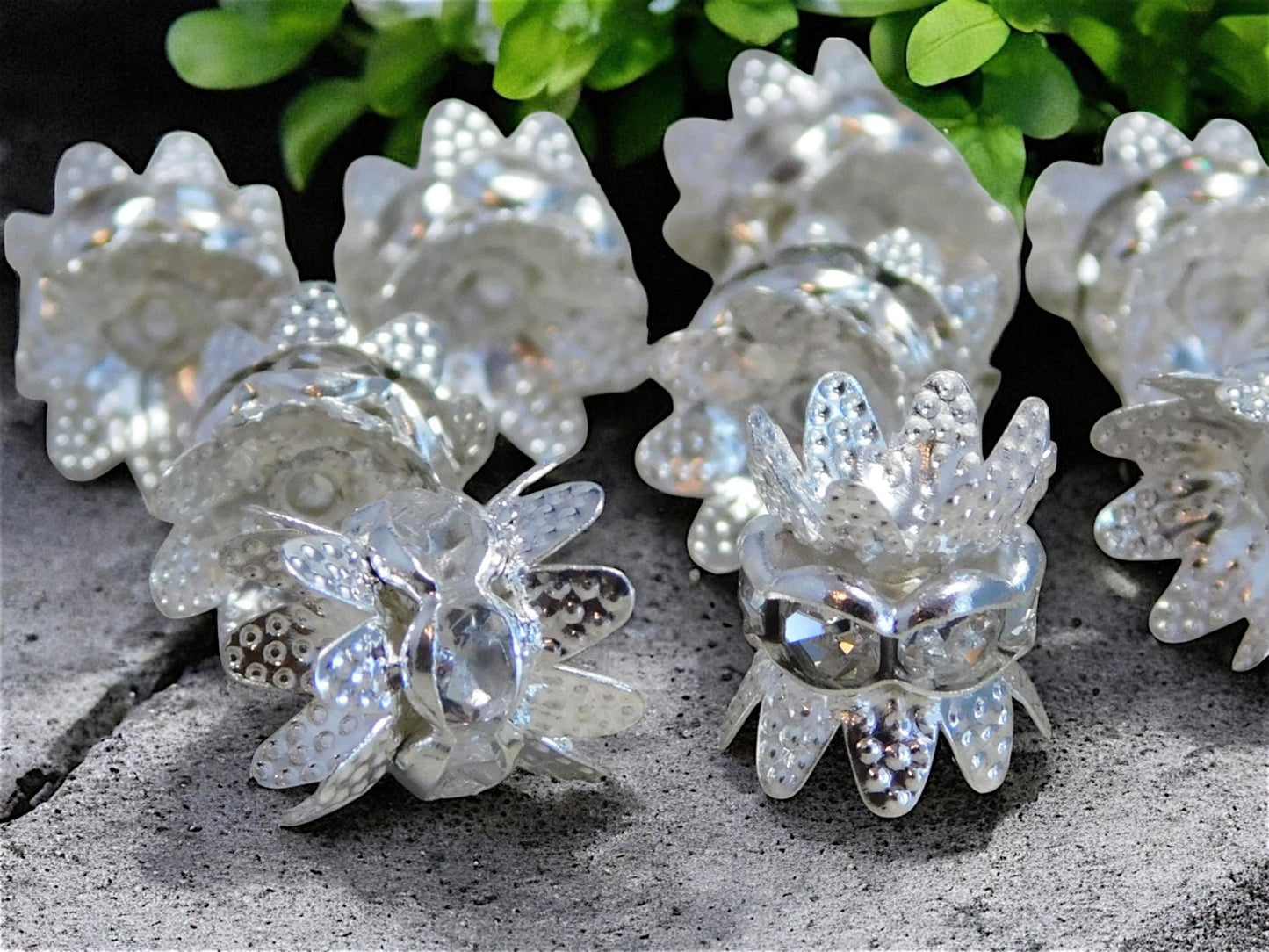 *10* 10x8mm Silver Crystal Rhinestone Double Sided Bead Caps