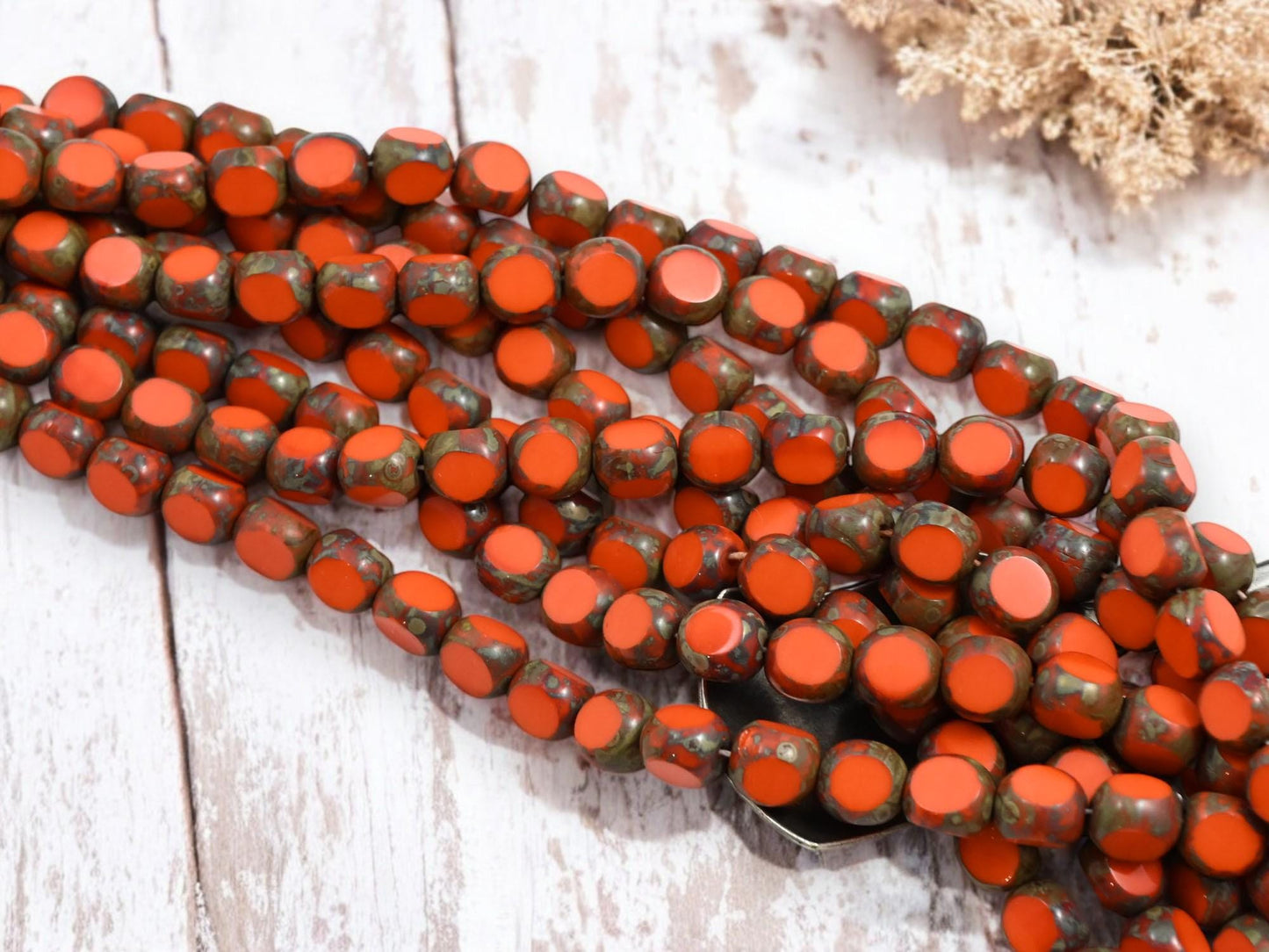 *25* 8mm Opaque Orange Picasso 3 Cut Round Beads
