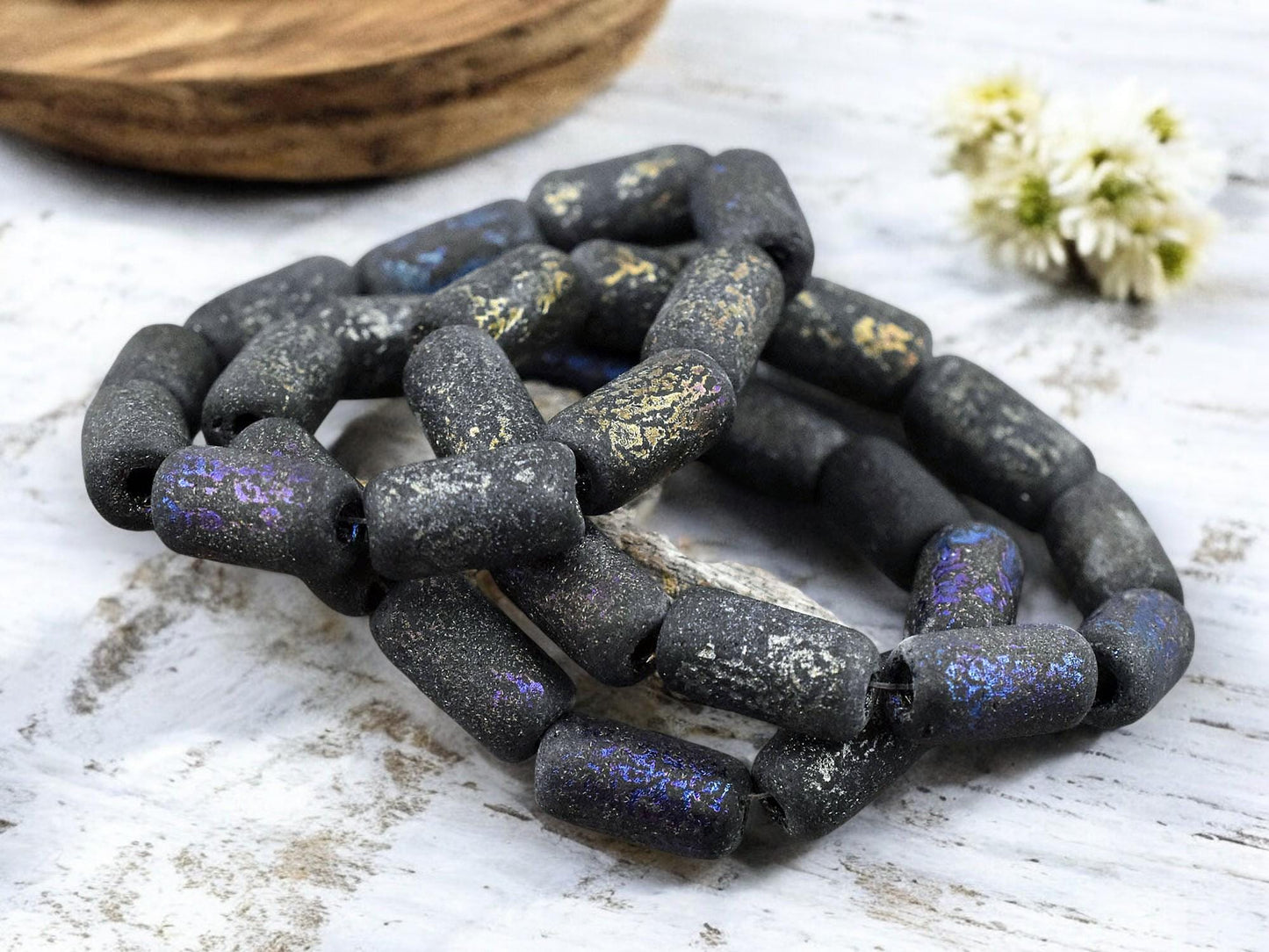 *10* 14x7mm Metallic Purple & Gold Washed Etched Jet Black Large Hole Tube Beads