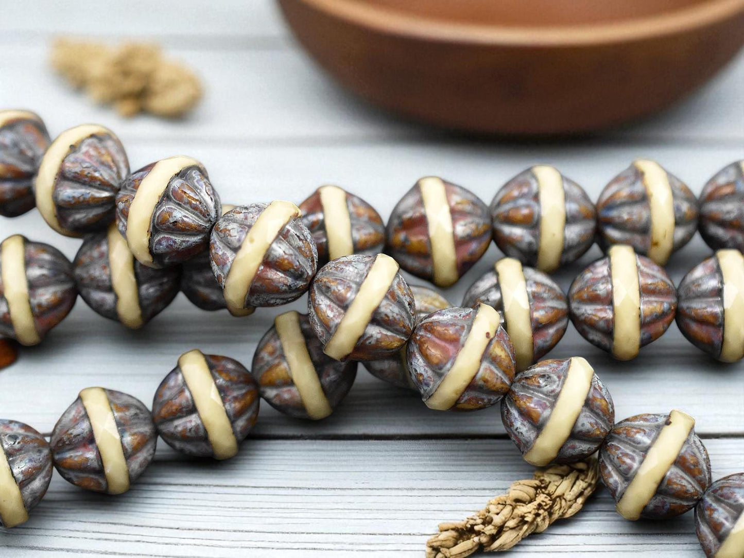 *11* 12x13mm Opaque Beige Ivory Travertine Center Cut Saturn Beads