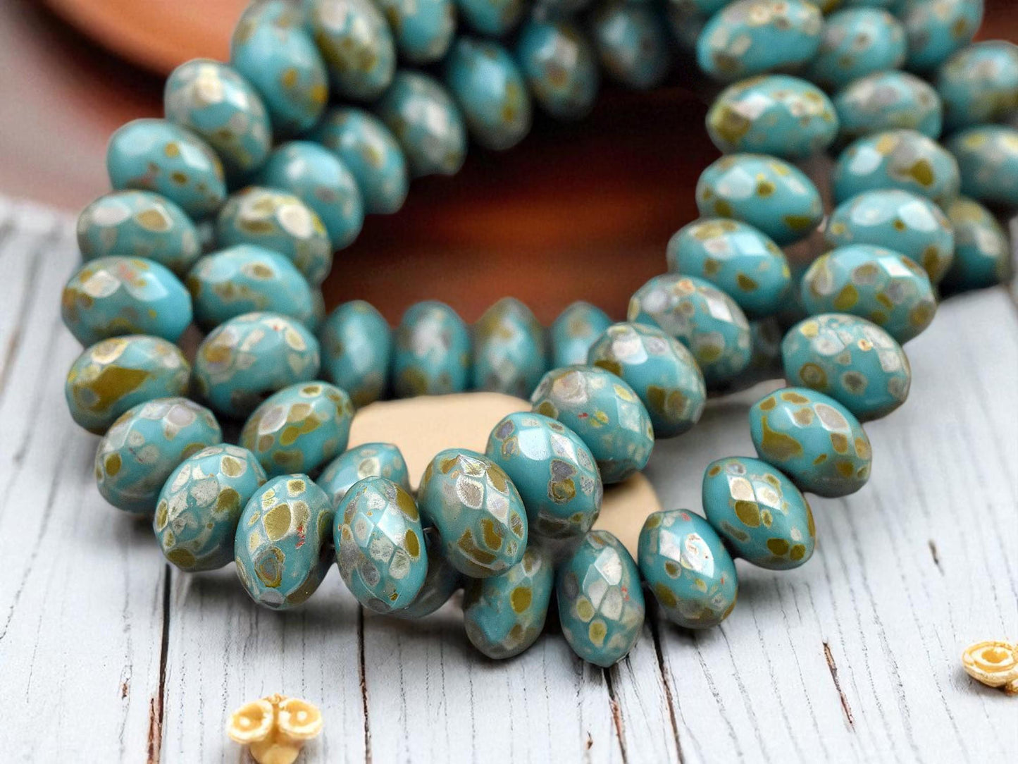 *25* 6x8mm Teal Turquoise Picasso Fire Polished Rondelle Beads
