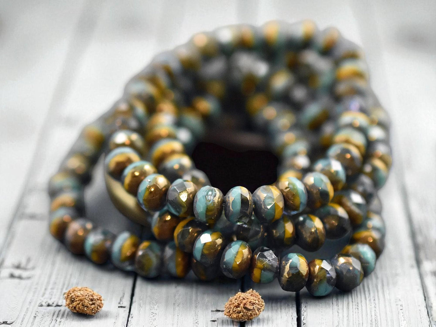 *30* 3x5mm Bronze Washed Blended Turquoise Aqua & Orange Fire Polished Rondelle Beads