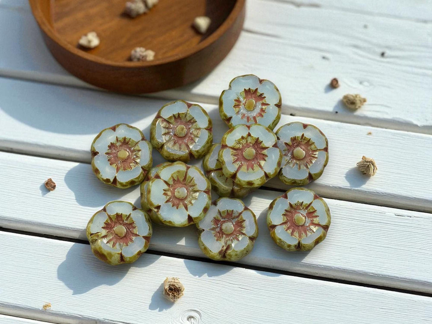 *12* 7mm Aqua Blue Opaline Picasso Hawaiian Flower Beads