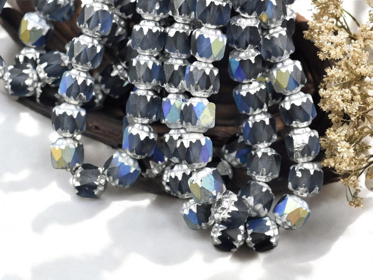 *20* 6mm Silver Washed Matte Montana Blue AB Fire Polished Cathedral Beads