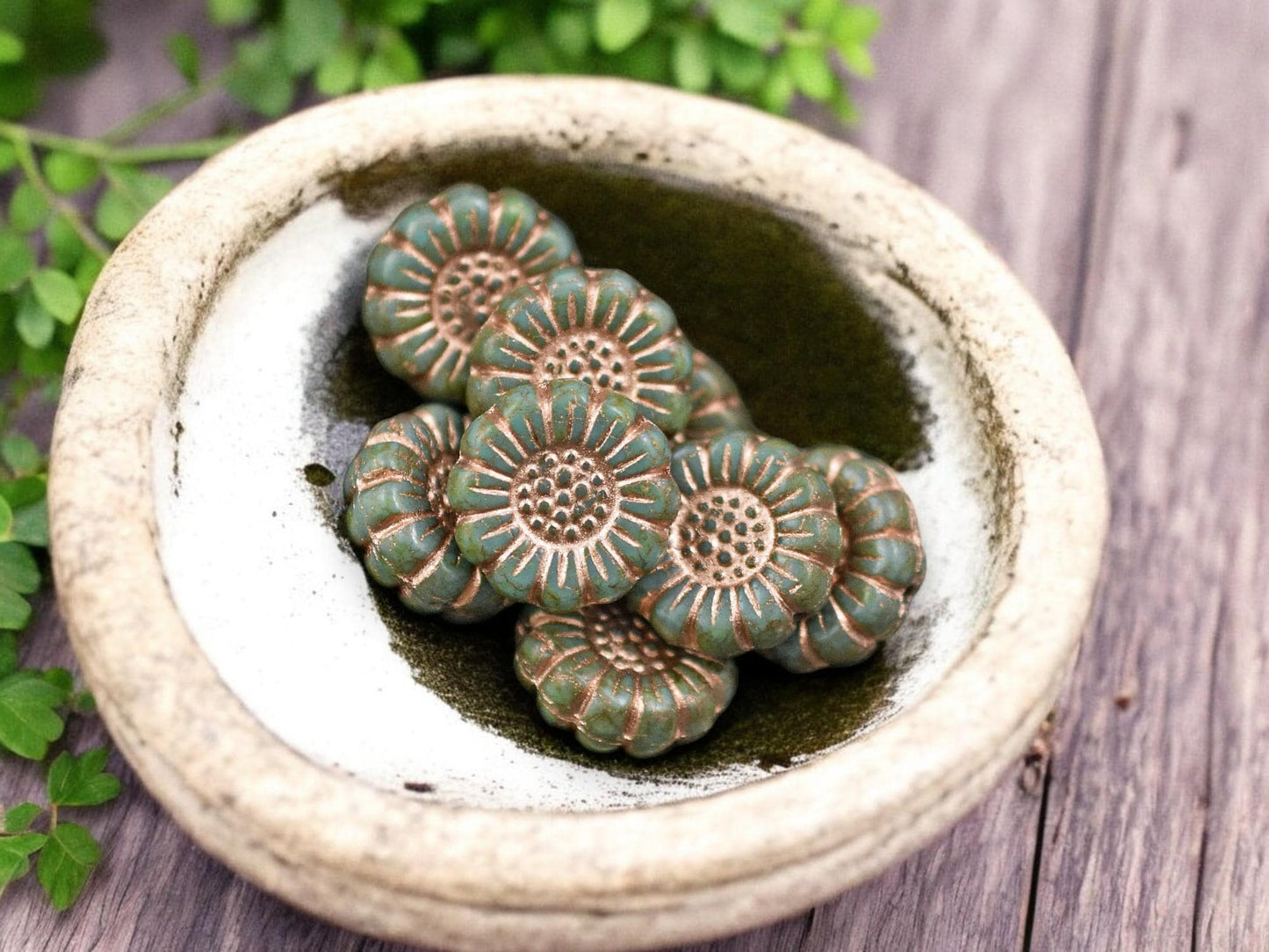 *12* 13mm Copper Washed Opaque Turquoise Picasso Sunflower Coin Beads