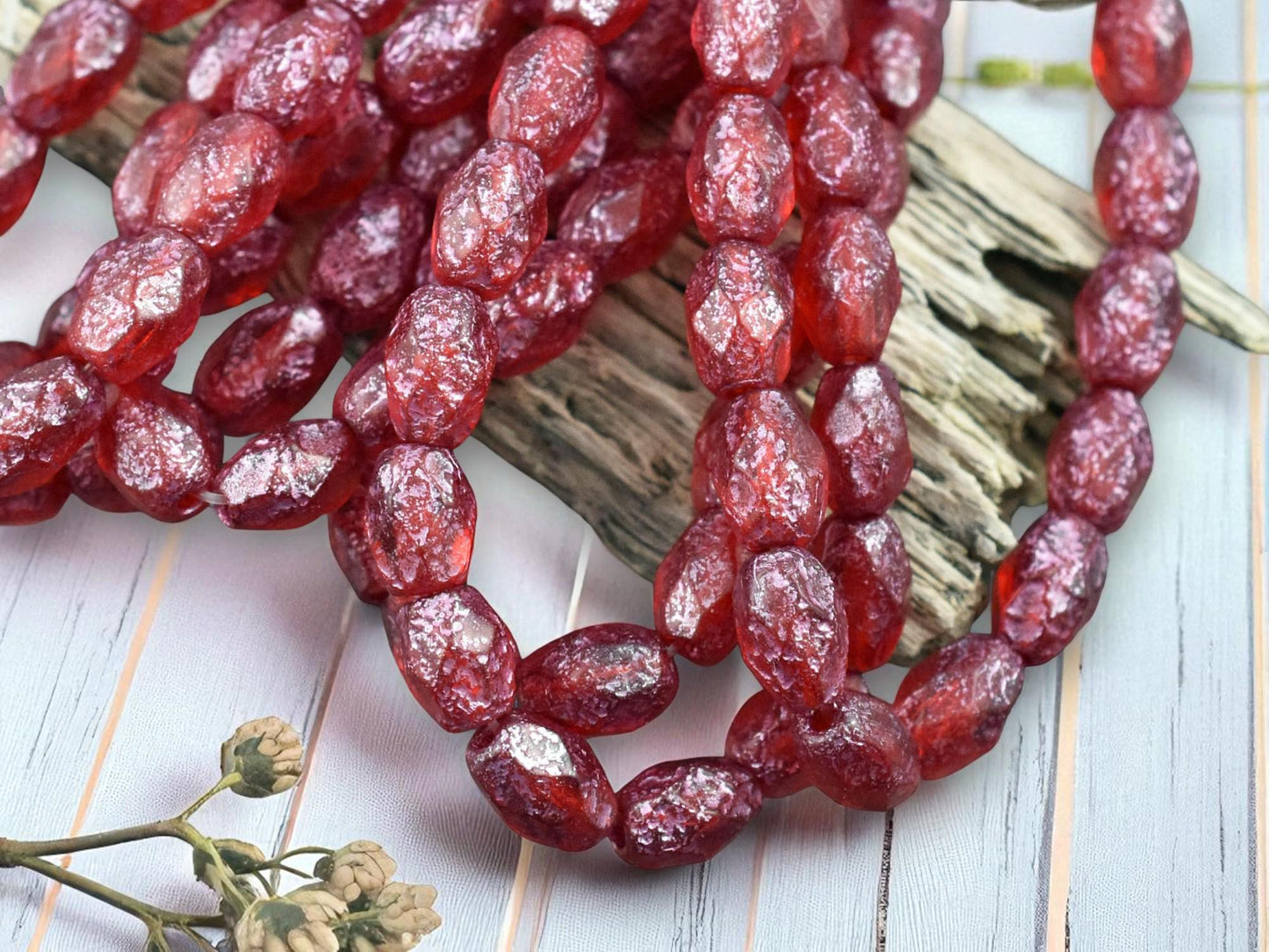 *20* 5x7mm Metallic Pink Washed Etched Ruby Red Fire Polished Faceted Oval Beads