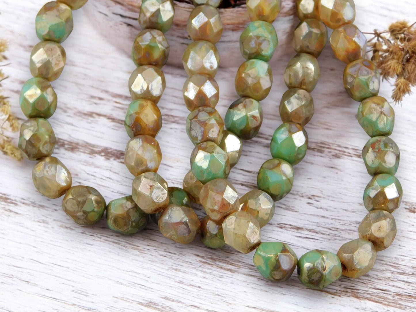 *25* 6mm Champagne Turquoise Picasso Fire Polished Round Beads