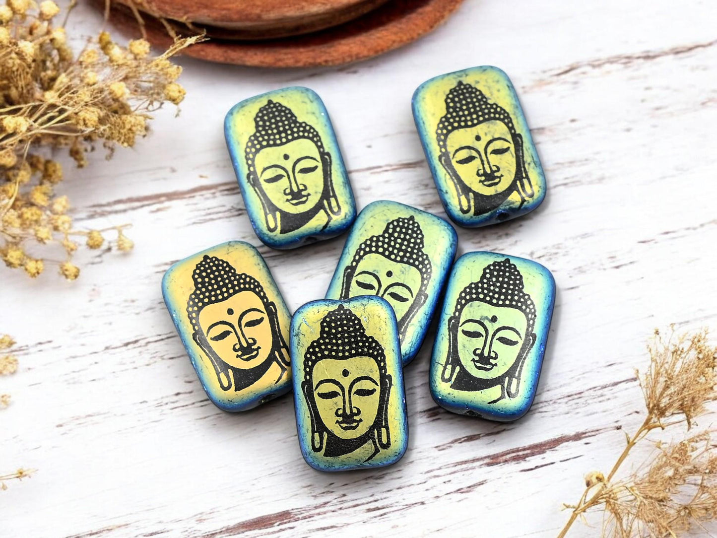 Czech Glass Beads - Buddha Beads - Mantra Beads - Laser Etched Beads - Laser Tattoo Beads - 19x12mm - 6pcs - (188)