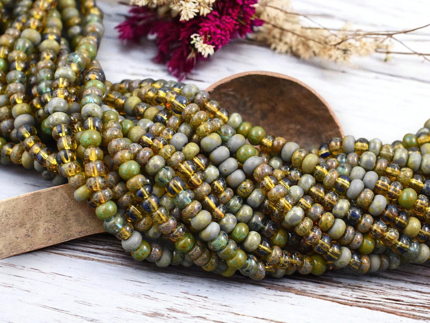 5/0 Aged Smoke and Mirrors Picasso Mix Seed Beads (21" Strand)