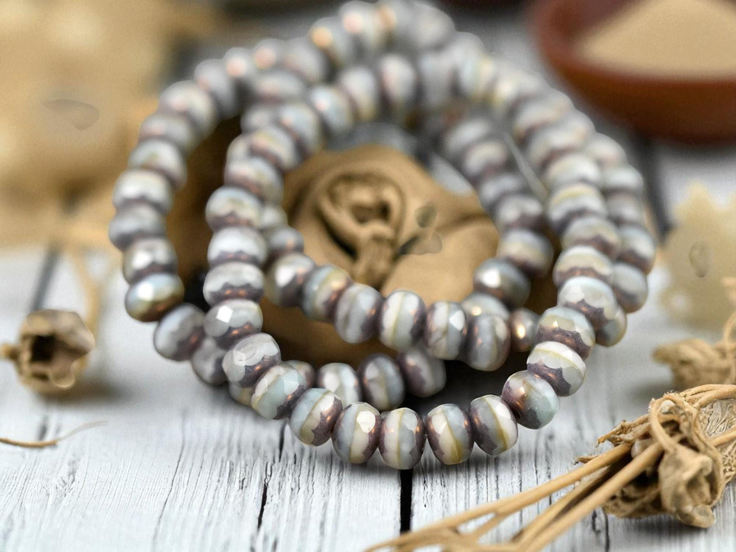 *30* 3x5mm Bronze Washed Blended Light Aqua & Ivory Fire Polished Rondelle Beads