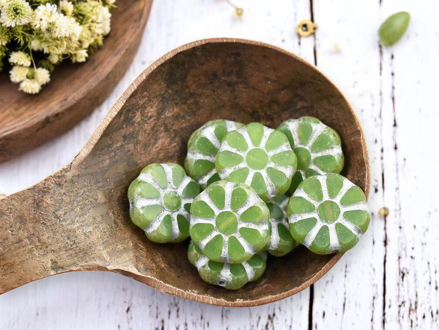 *8* 12mm Silver Washed Apple Green Opaline Travertine Cosmo Flower Beads