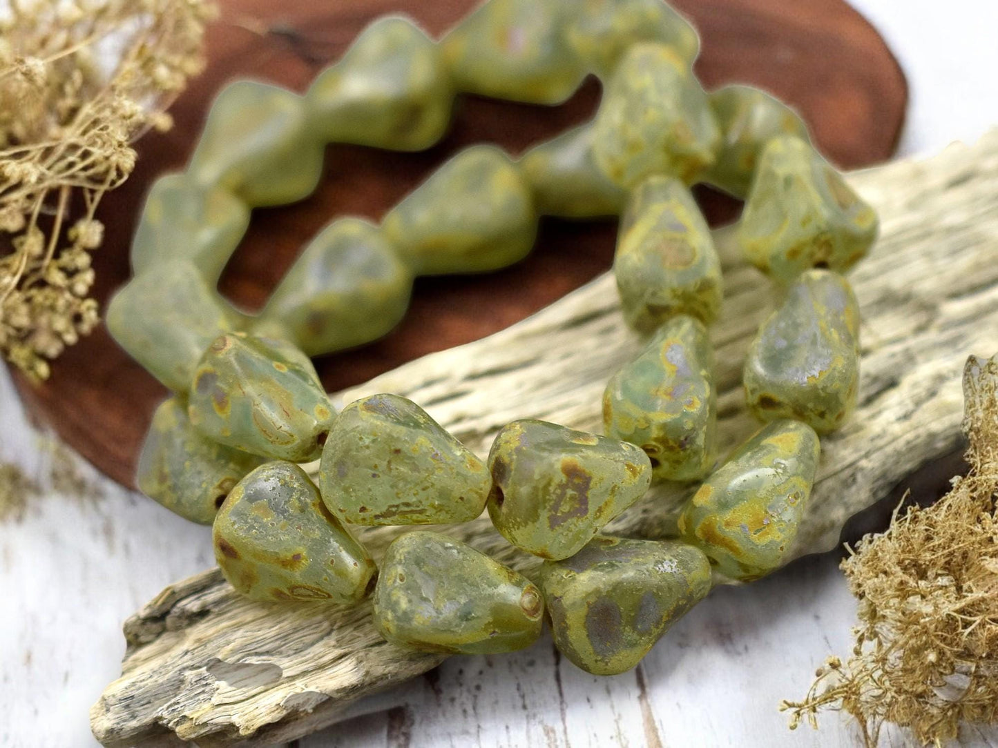 *12* 13x12mm Green Aqua Picasso Vintage Style Drop Beads