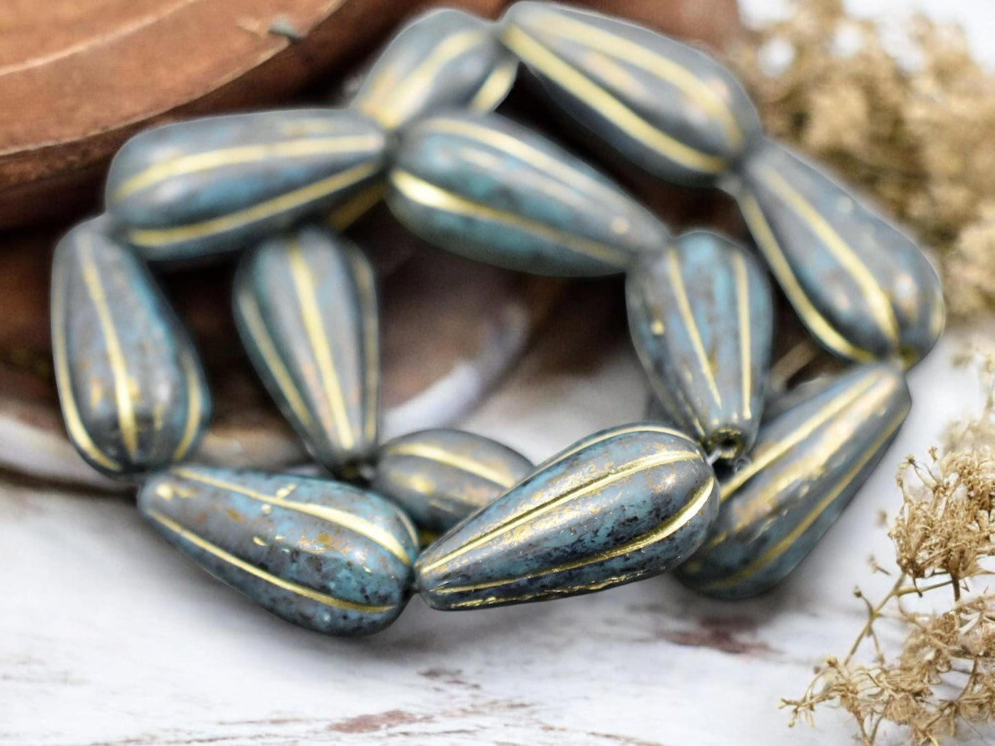 *2* 22x11mm Gold Washed Sea Green Picasso Melon Drop Beads