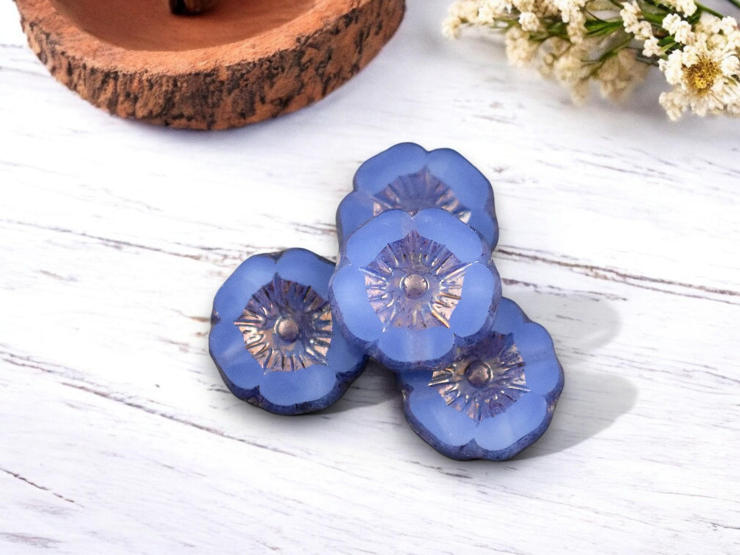 *12* 12mm Purple Bronze Washed Blue Opaline Hawaiian Flower Beads