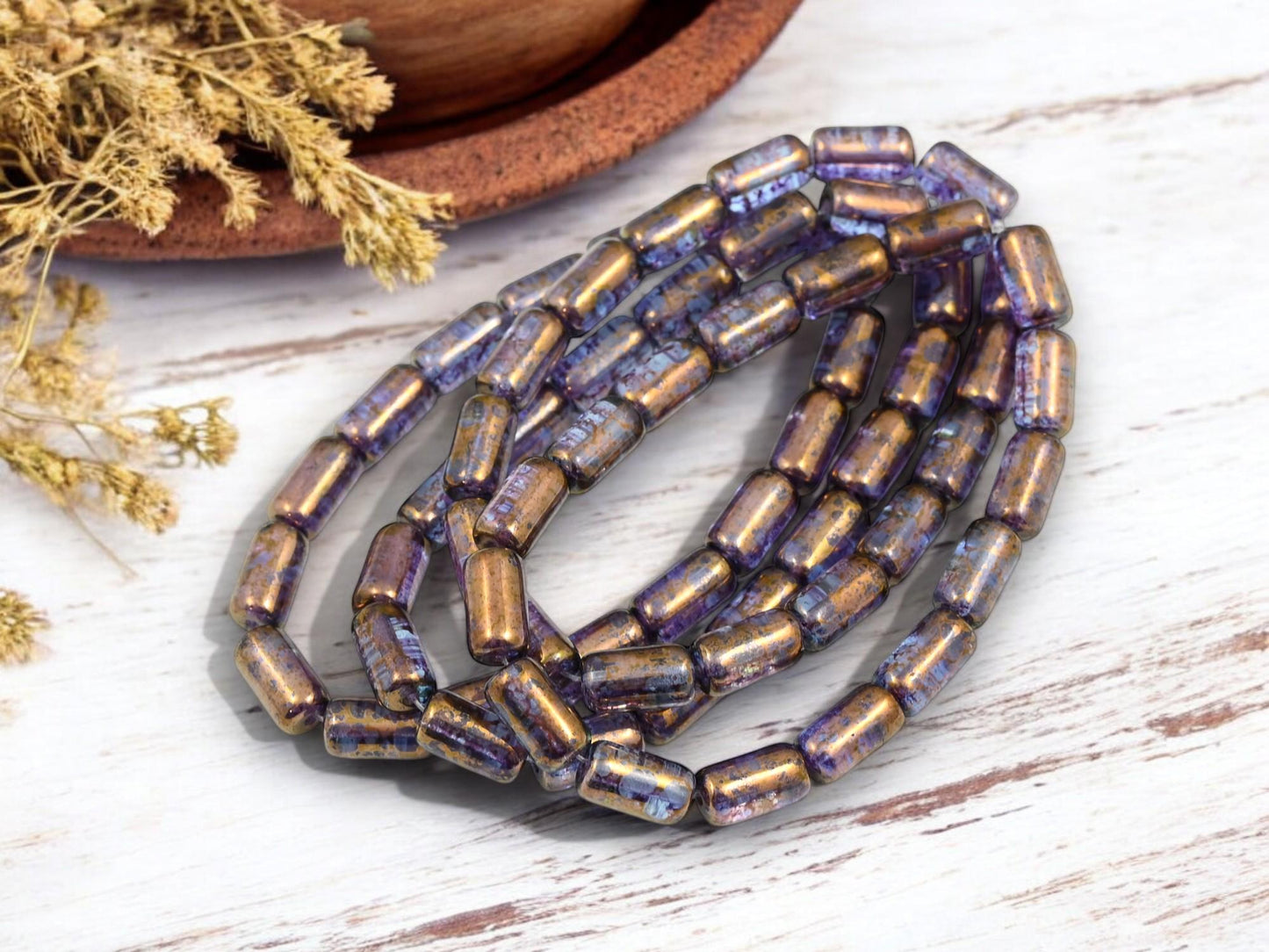 Tube Beads - Czech Glass Beads - Etched Beads - Picasso Beads - 9x5mm - 16pcs - (2837)