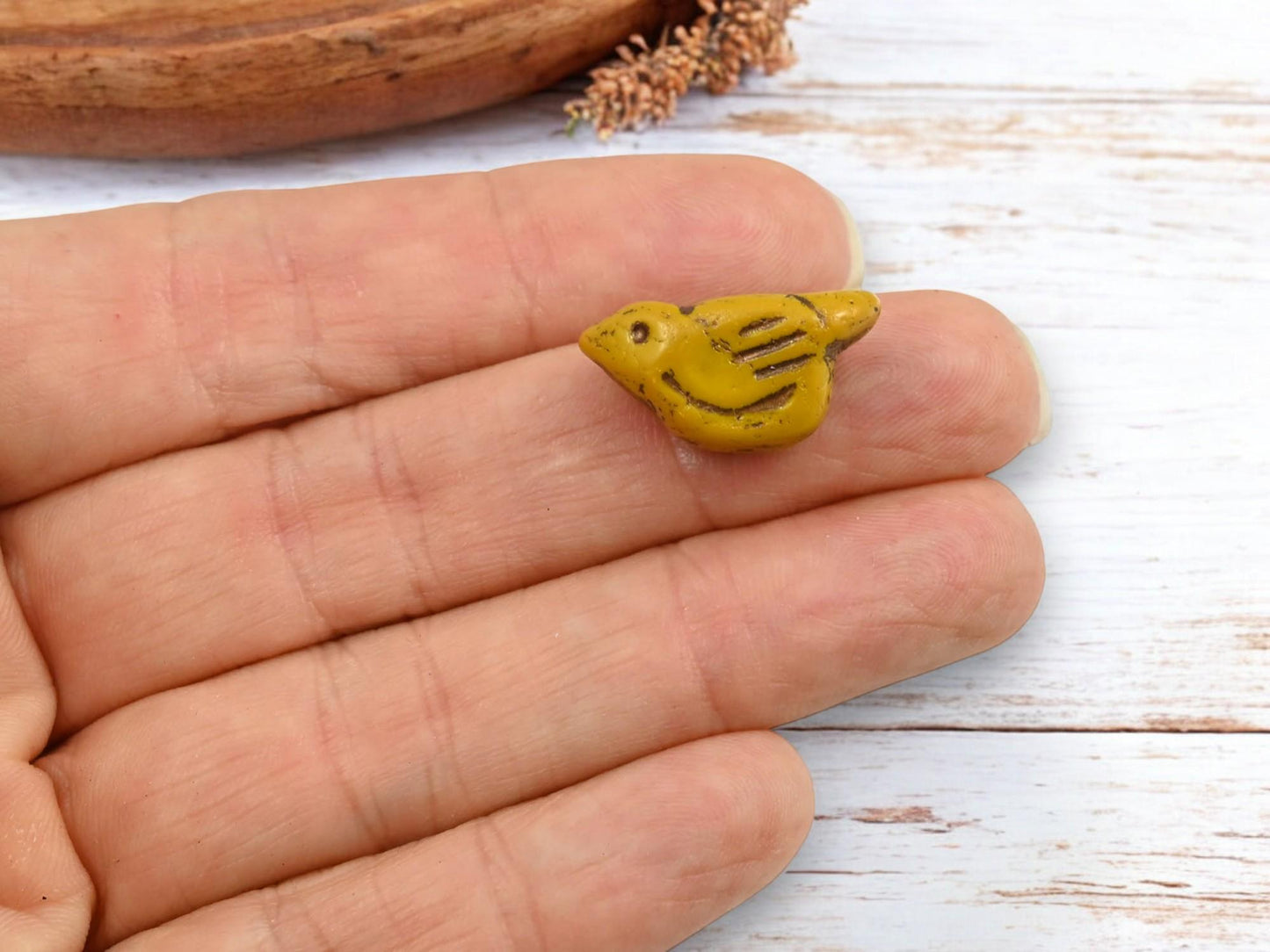 *6* 11x22mm Bronze Washed Golden Yellow Bird Beads