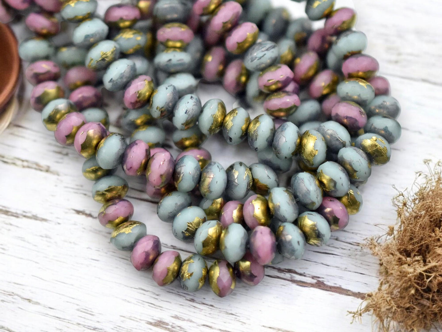 *30* 3x5mm Gold Washed Mixed Pink & Blue Fire Polished Rondelle Beads