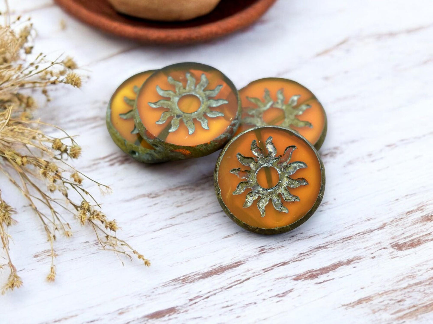 21mm Orange Amber Opaline Picasso Table Cut Sun Design Coin Beads - 2 Beads