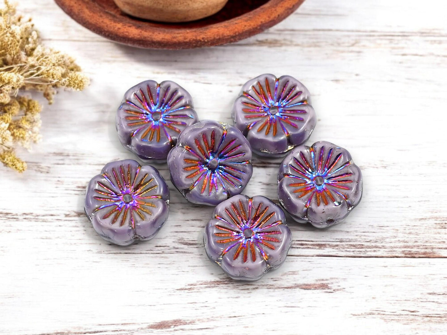 Flower Beads - Czech Glass Beads - Hibiscus Flower Beads - Picasso Beads - Hawaiian Flower Beads - 10pcs - 14mm - (A579)