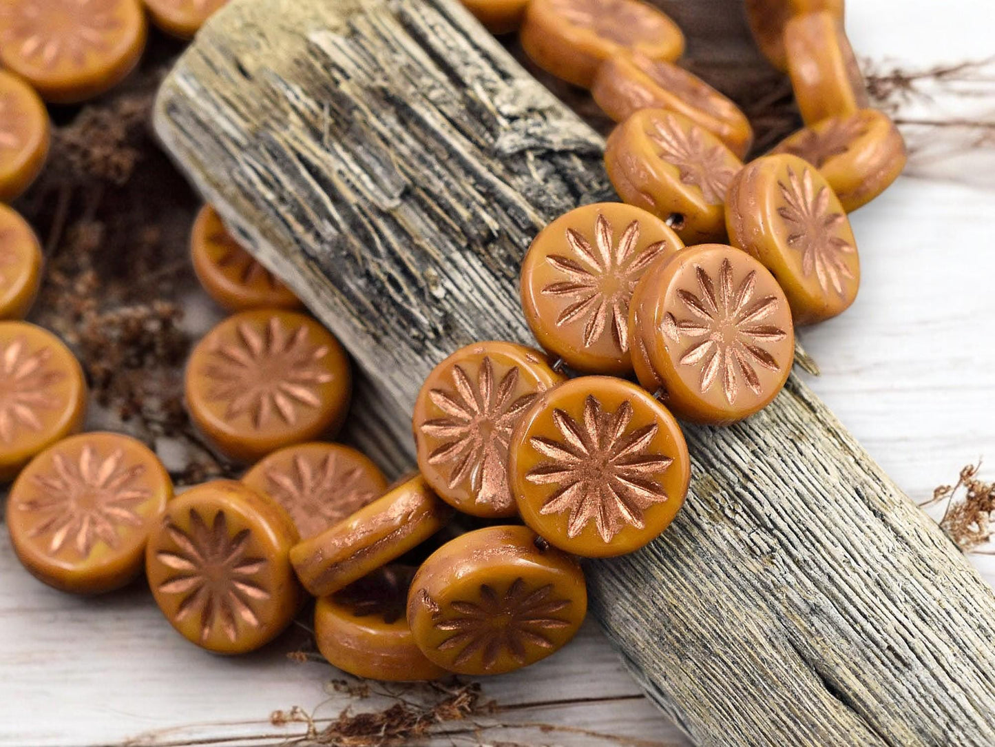 *15* 12mm Copper Washed Opaque Orange Mustard Aster Flower Coin Beads