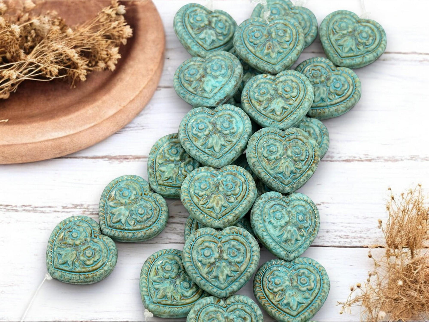 Heart Beads - Czech Glass Beads - Floral Heart Beads - Turquoise Beads - 17mm - 6pcs - (2952)