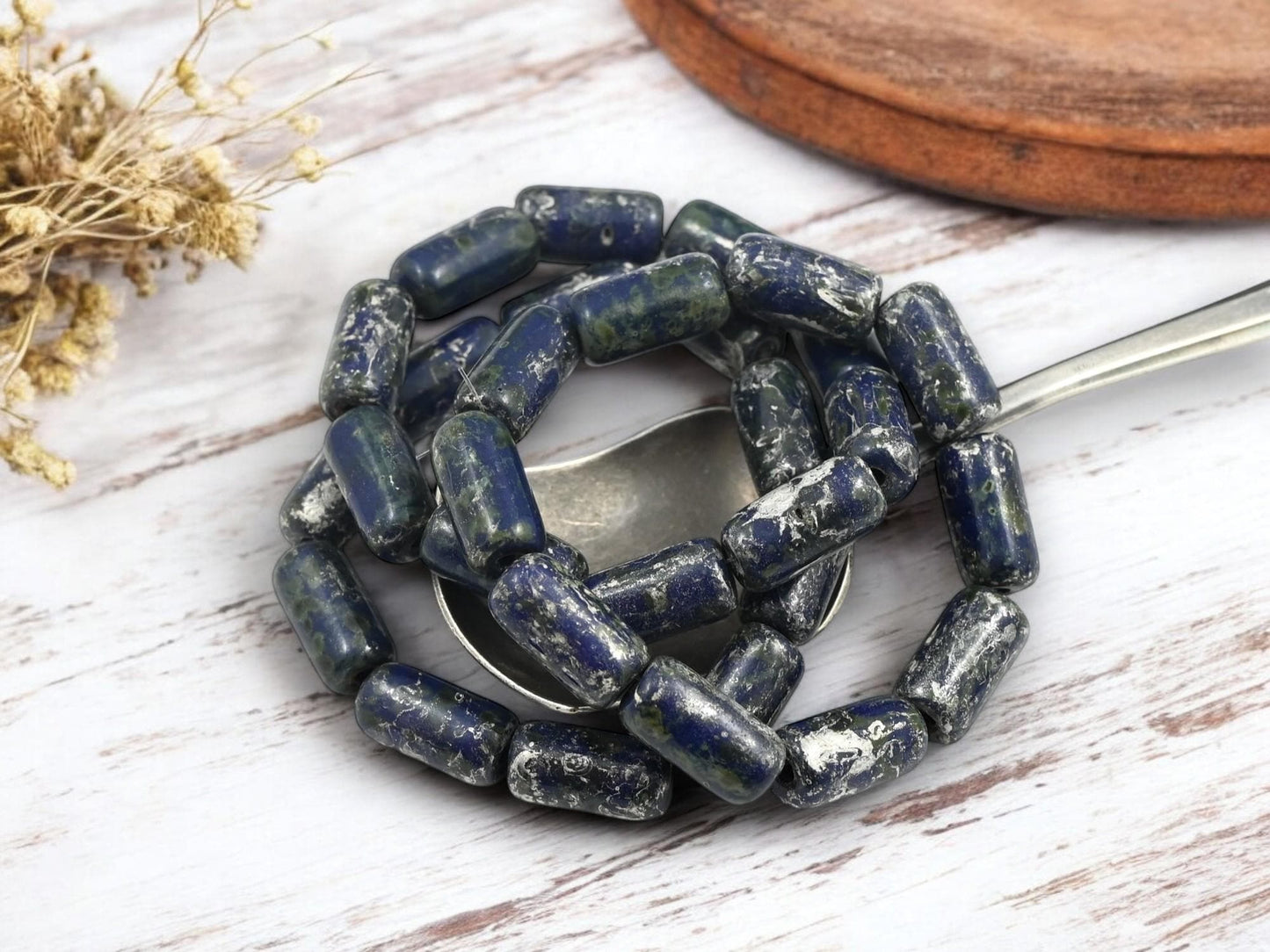 Tube Beads - Czech Glass Beads - New Czech Glass - Large Hole Beads - Etched Beads - Picasso Beads - 14x7mm - 10pcs - (1143)