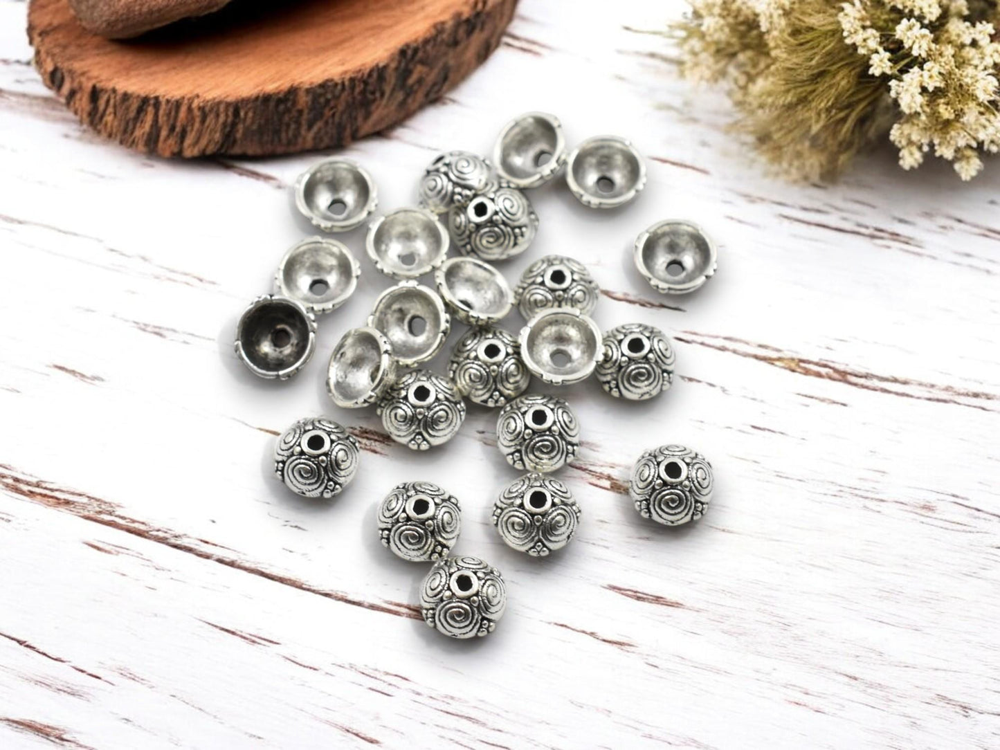 *100* 8mm Antique Silver Bead Caps