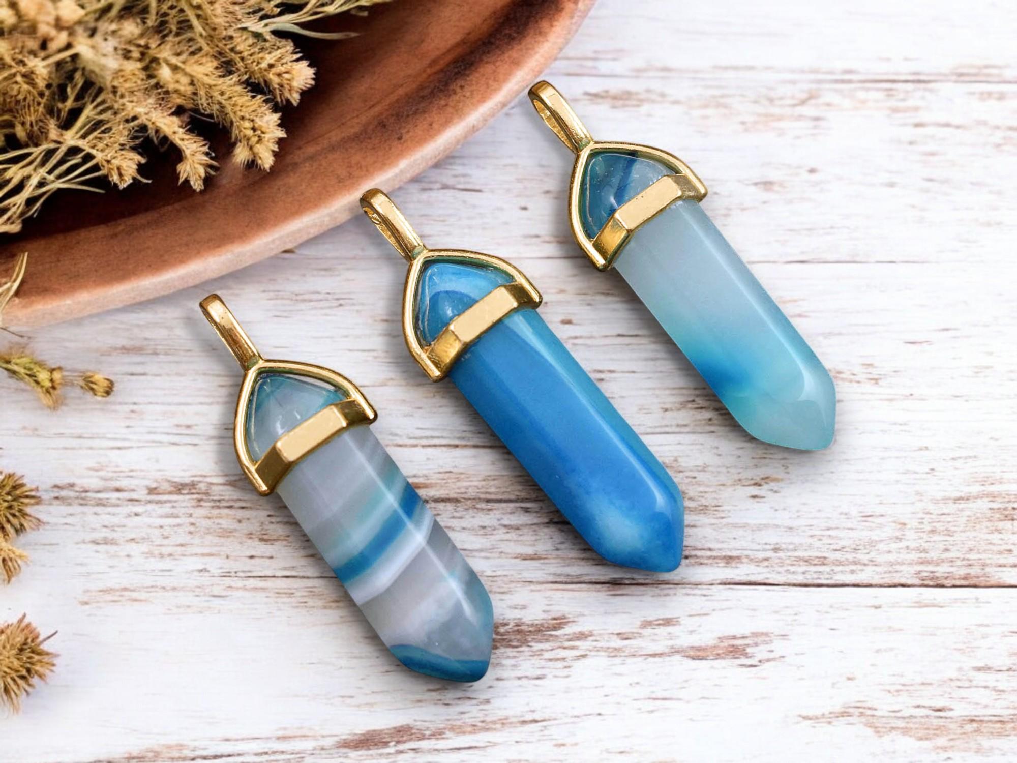 40mm Gold Tone Natural Blue Banded Agate Double Terminated Bullet