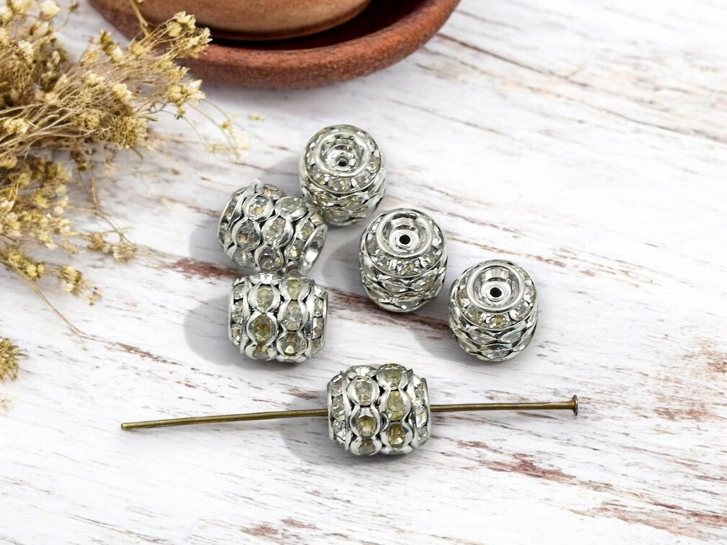 Rhinestone Beads - Pave Beads - Silver Rhinestone Beads - Stacked Barrel - 11x10mm - 10pcs - (164)