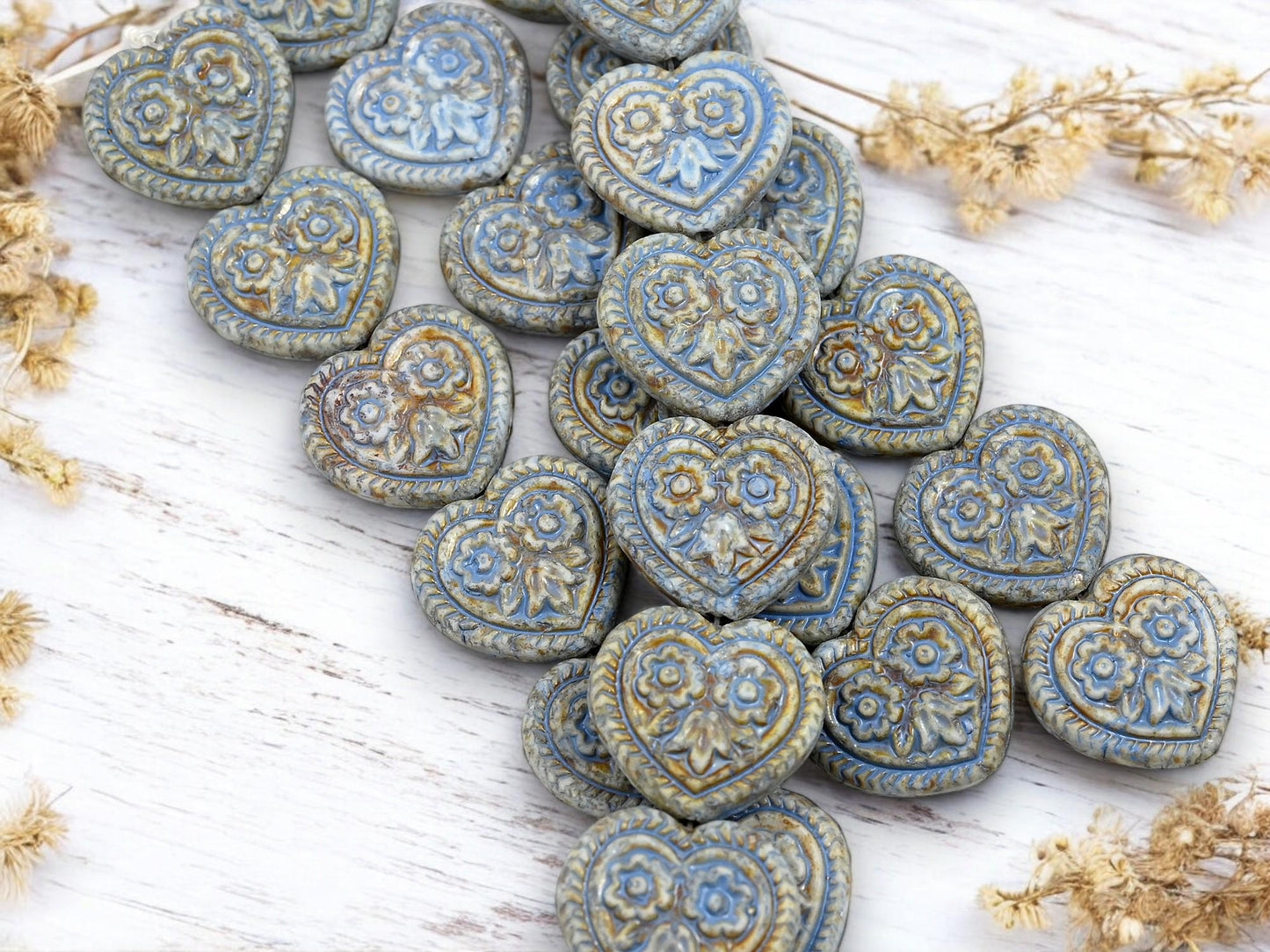 Heart Beads - Czech Glass Beads - Floral Heart Beads - Blue Beads - 17mm - 6pcs - (491)