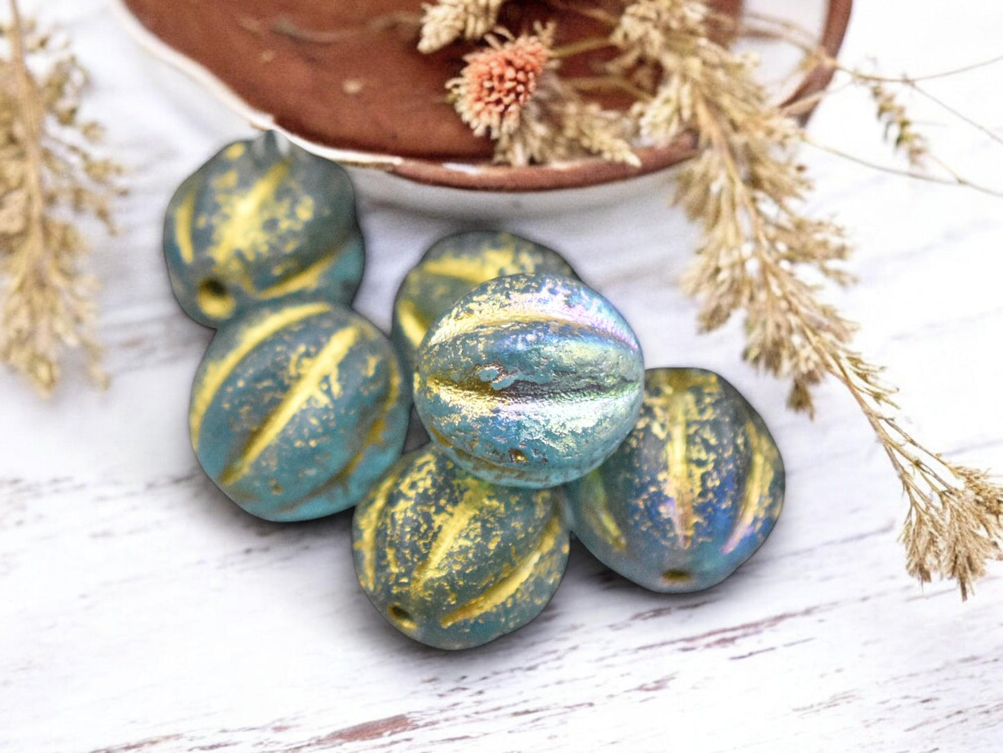 *15* 12mm Gold Washed Etched Blue Aqua AB Round Melon Beads