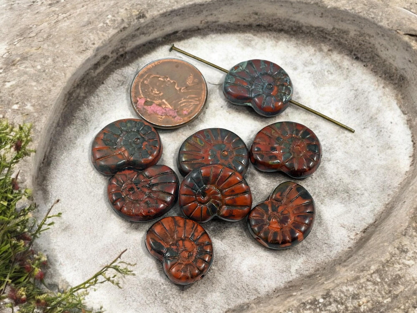 *6* 16x13mm Burnt Sienna Ammonite Fossil Snail Shell Beads