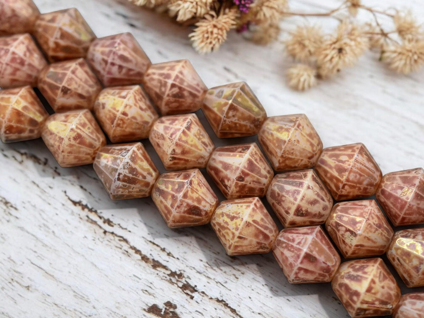 *2* 15mm Rose Gold Alabaster Faceted Bicone Beads