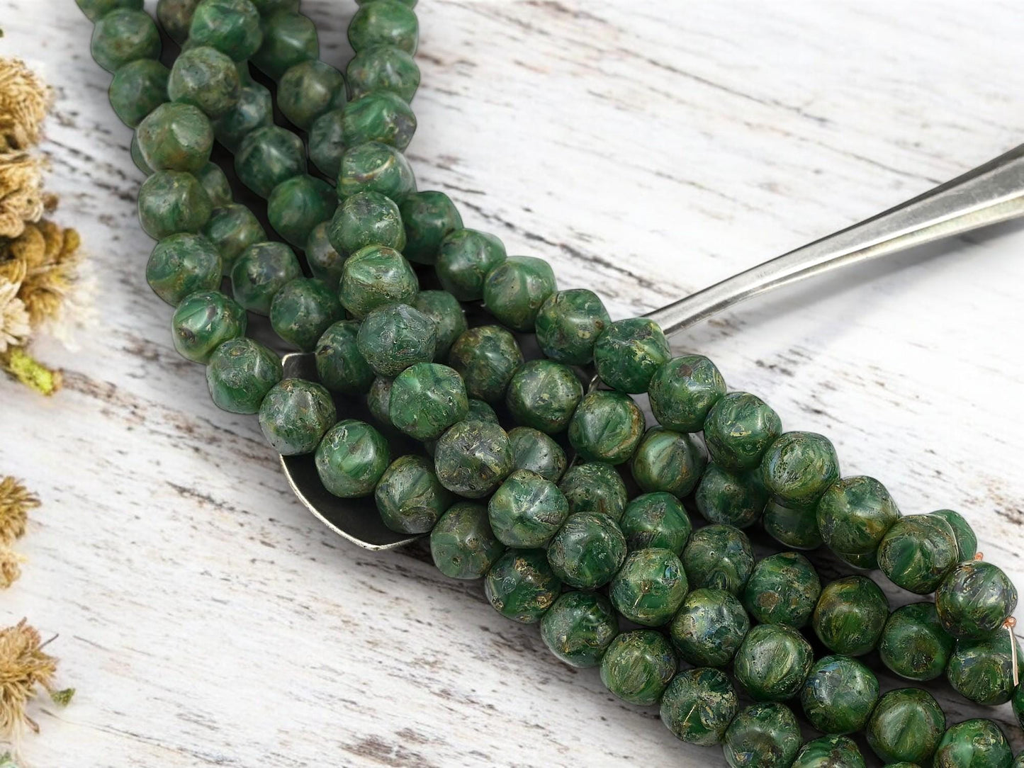 *20* 8x7mm Rustic Dark Green Picasso Dented Round Beads