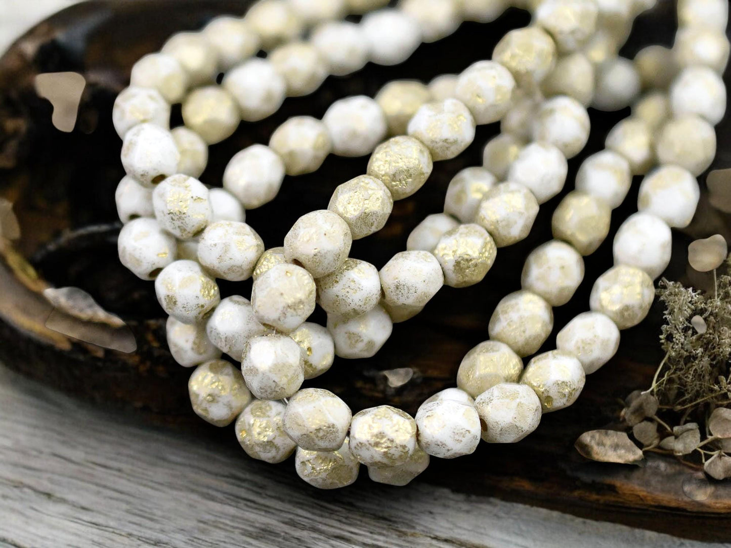 *25* 6mm Gold Etched Opaque White Fire Polished Round Beads