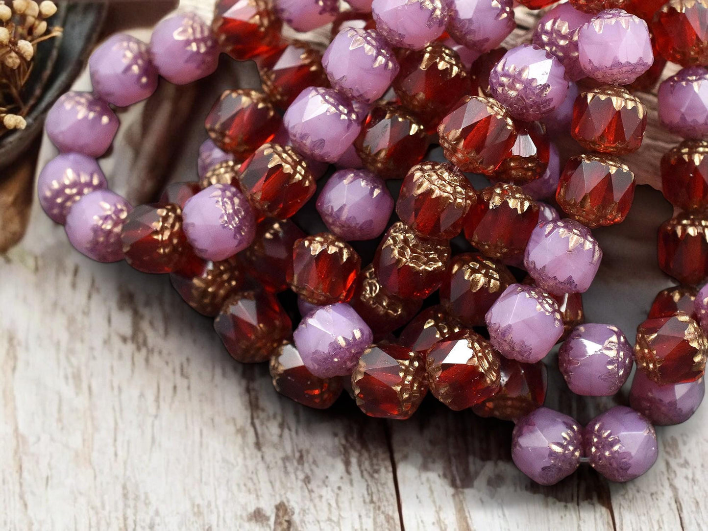 *15* 8mm Bronze Washed Mixed Pink Opal and Ruby Red Fire Polished Cathedral Beads