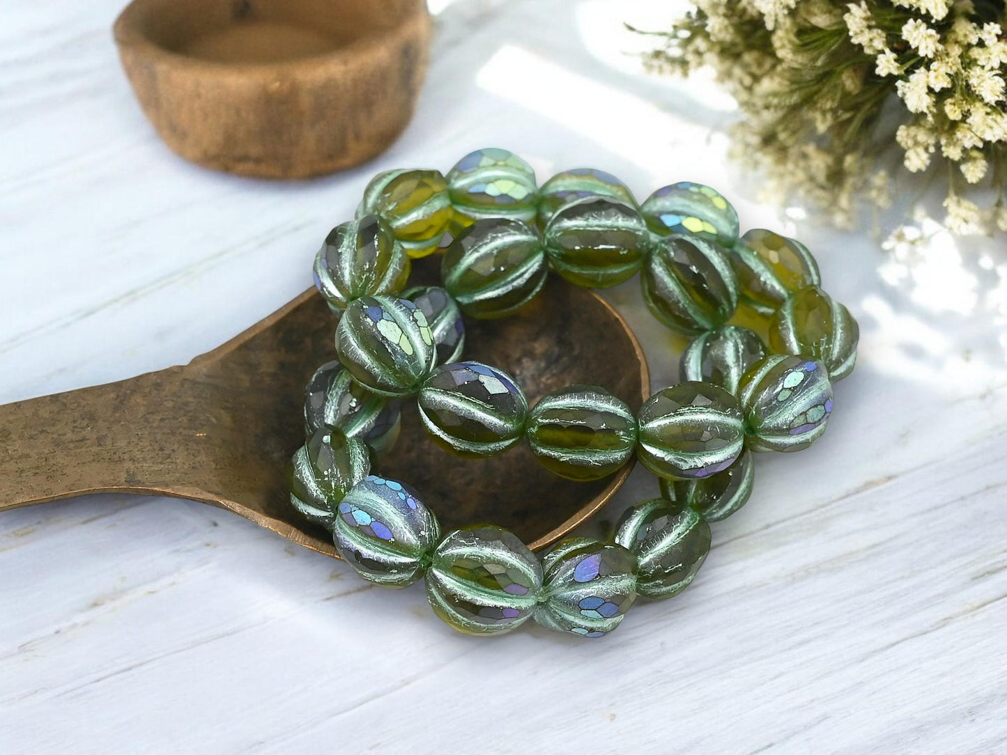 *12* 10mm Matte Peridot AB Faceted Round Melon Beads