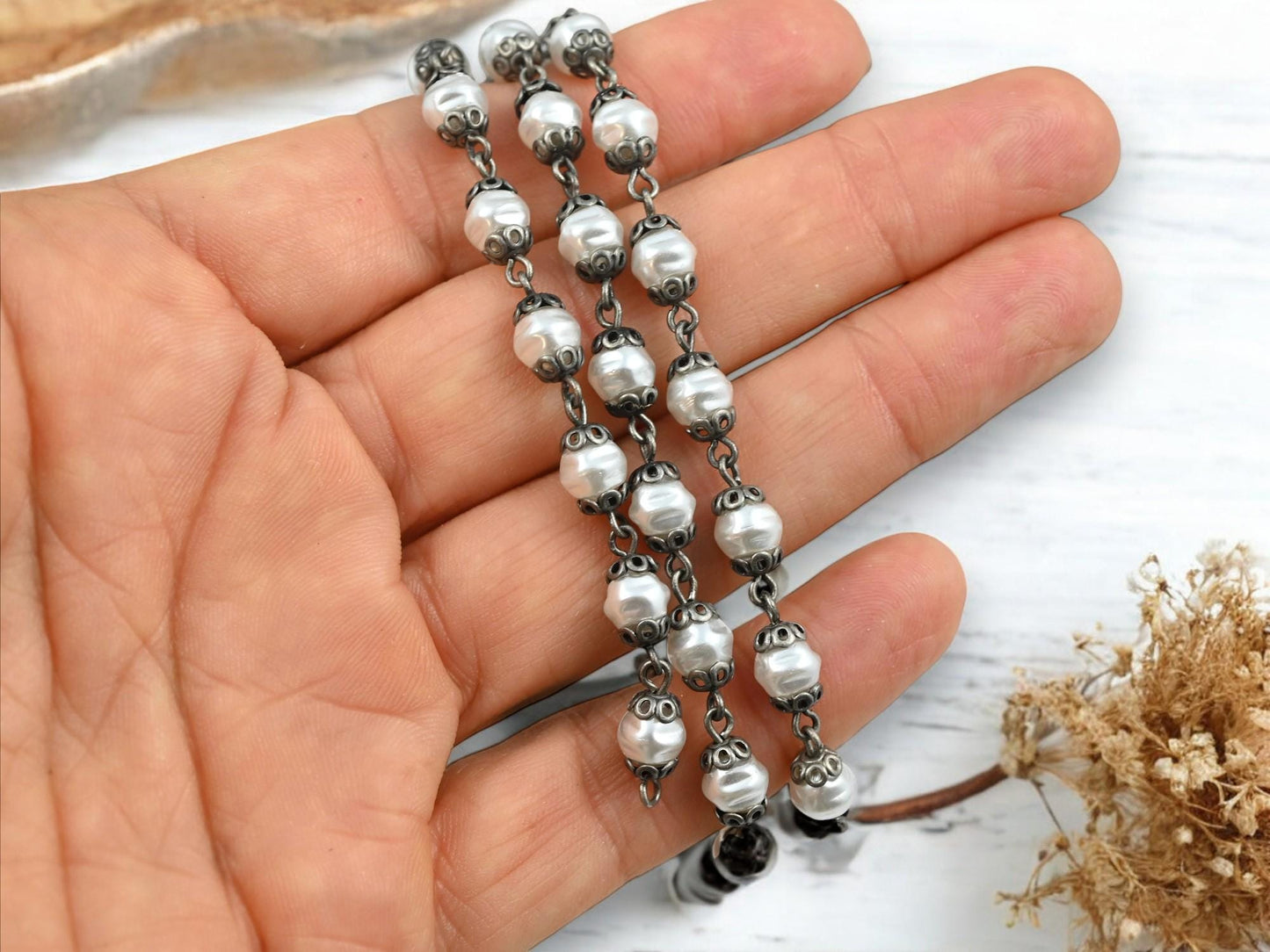 Pearl Chain - Rosary Chain - Beaded Chain - Czech Glass Pearls - Czech Glass Beads - 6mm or 8mm - Sold by the foot