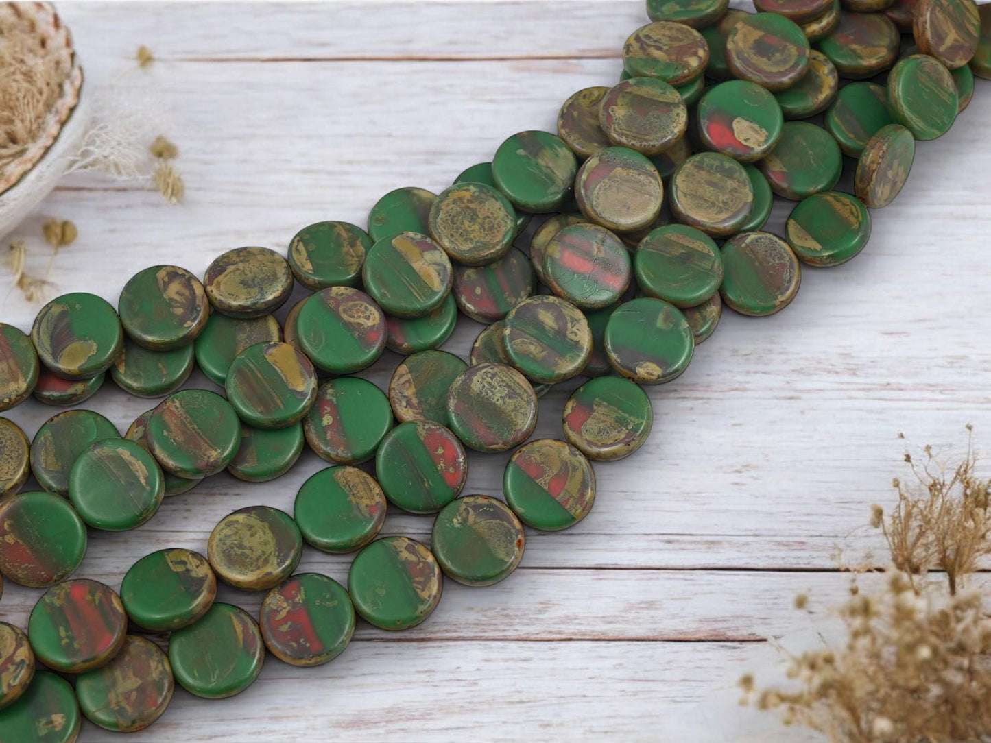 Raku Beads - Picasso Beads - Czech Glass Beads - Organic Beads - Coin Beads - Vintage Beads - 14mm - 15pcs (4808)