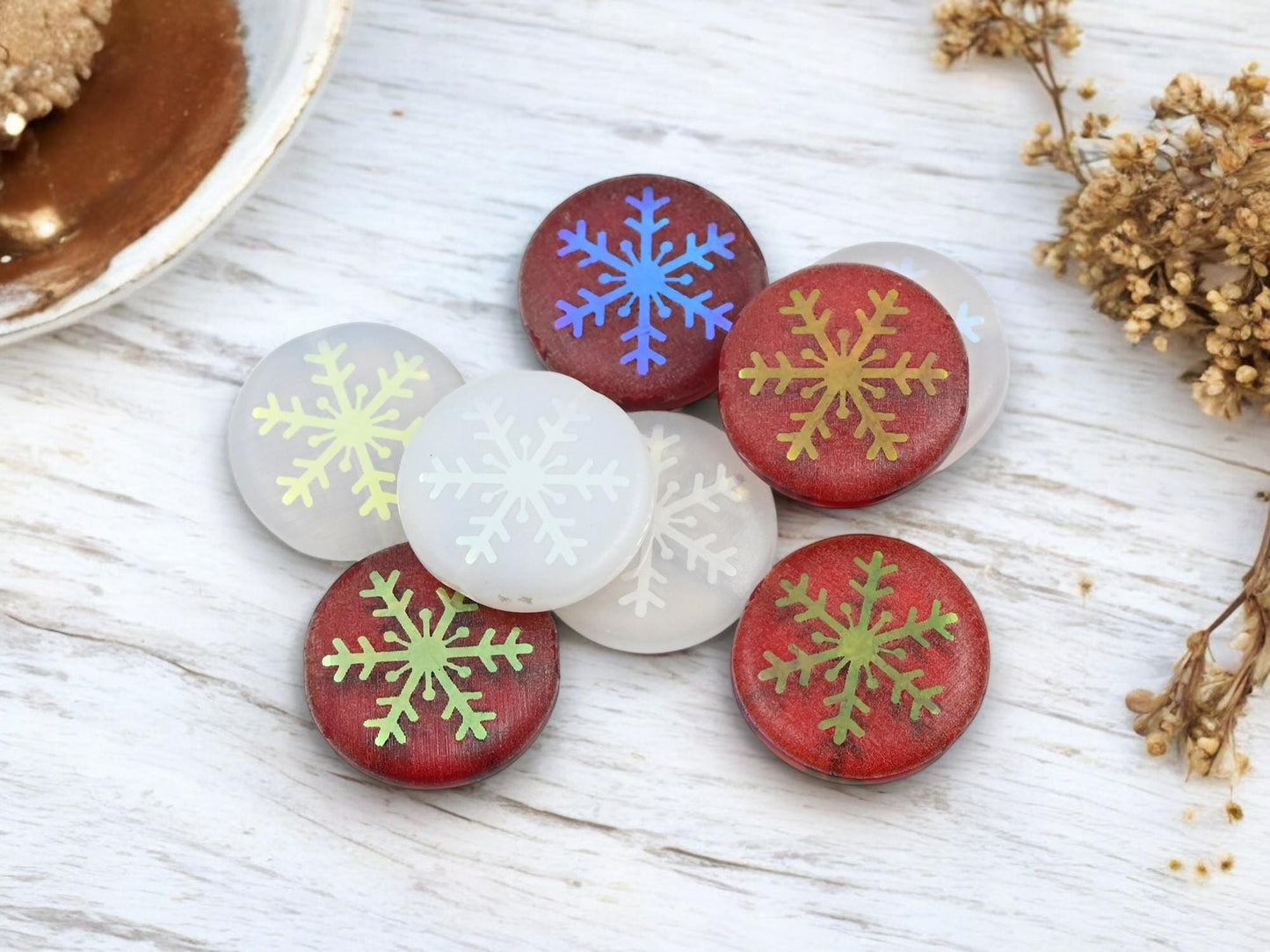 Czech Glass Beads - Snowflake Beads - Focal Beads - Laser Etched Beads - Coin Beads - 17mm - 8pcs - (4347)