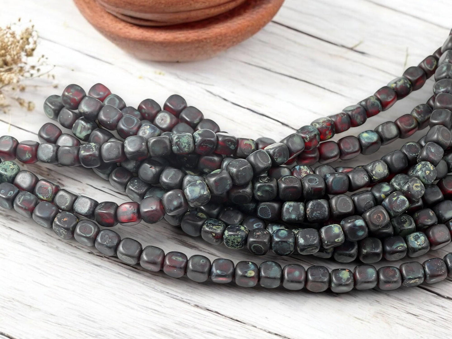 Czech Glass Beads - Picasso Beads - Travertine Beads - Cube Beads - Vintage Czech Beads - 6mm - 8 inch strand - (6138)