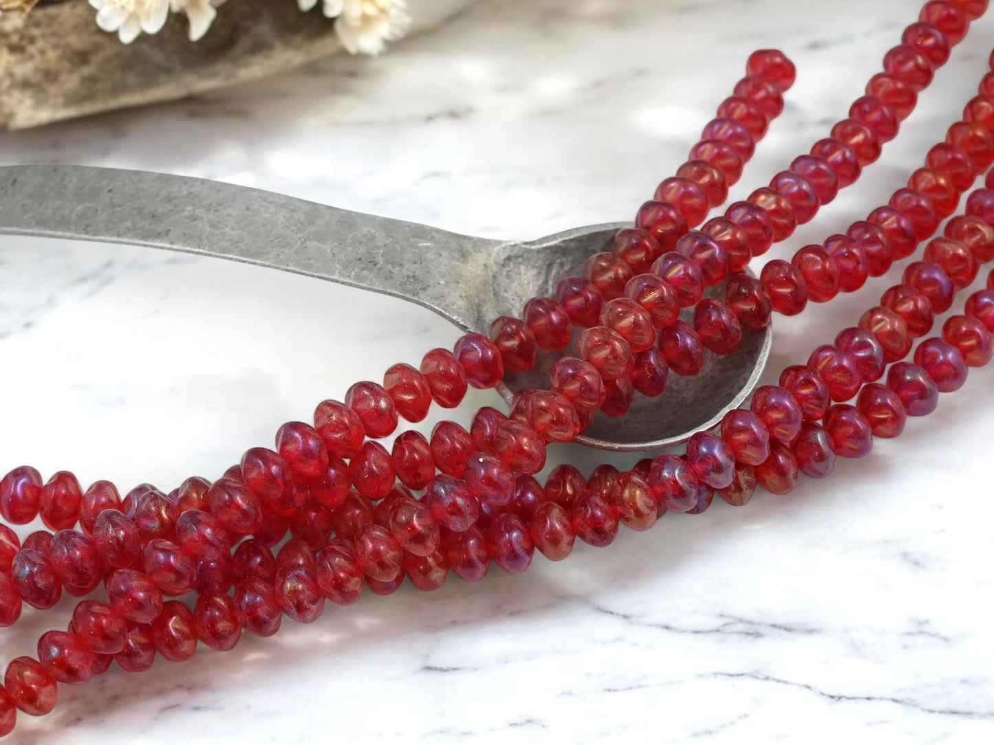 Czech Glass Red Rondelle Spacer Beads - Siam Ruby Luster - Holiday Jewelry - 34pcs - 6x8mm - (A513)