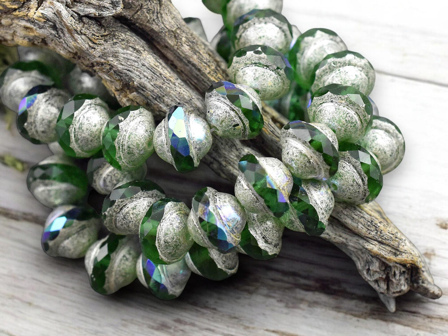 *15* 8x10mm Antique Silver Washed Emerald AB Saturn Beads